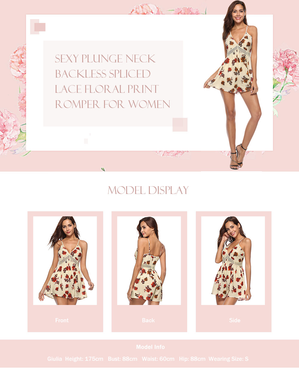 Sexy Plunge Neck Spaghetti Strap Backless Spliced Lace Floral Print Playsuit Women Romper