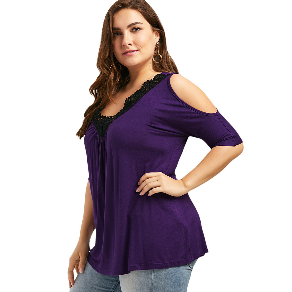 V Collar Off Shoulder Splicing T Shirt