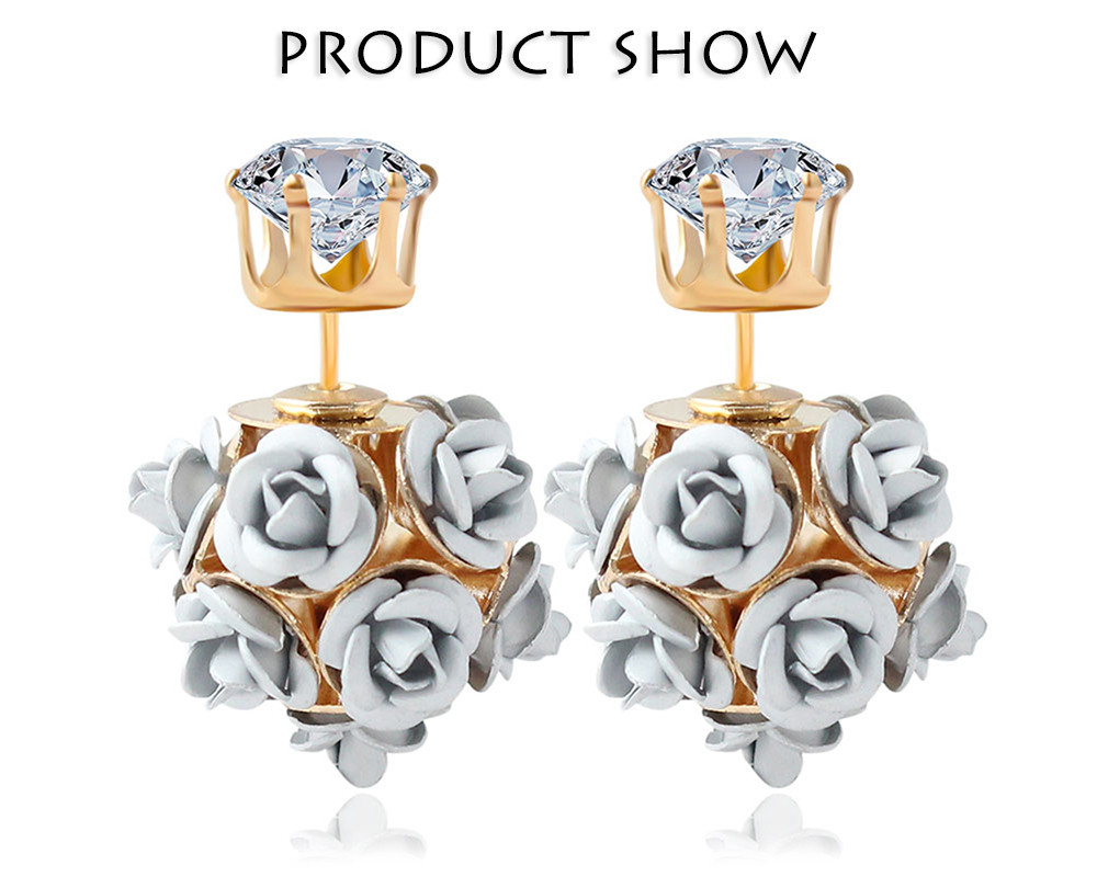 3D Rose Rhinestone Embellishment Hollow Stud Earrings for Lady