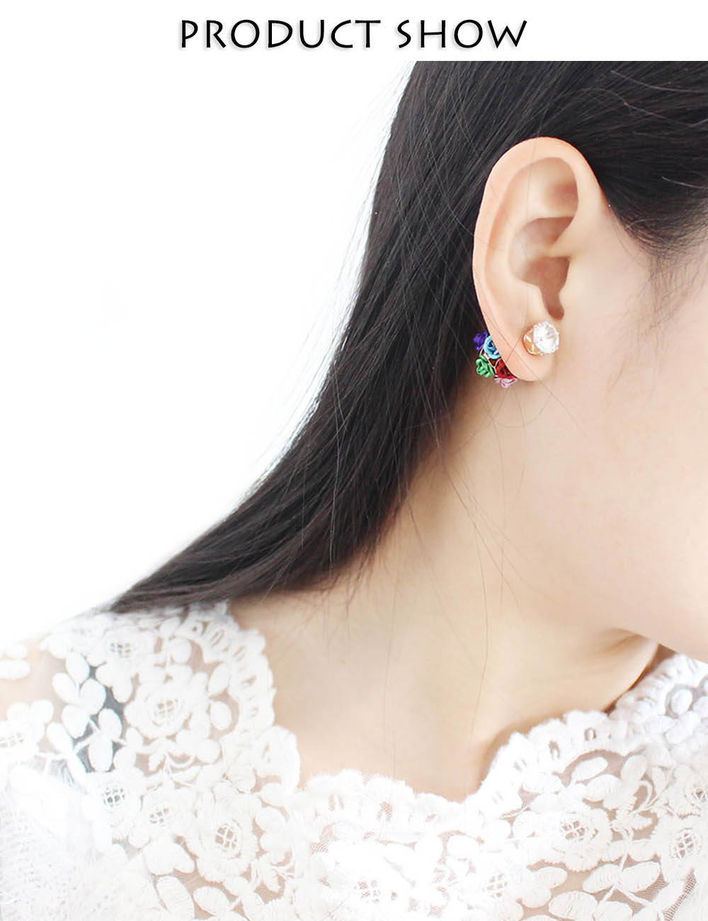 3D Rose Rhinestone Embellishment Hollow Stud Earrings for Lady