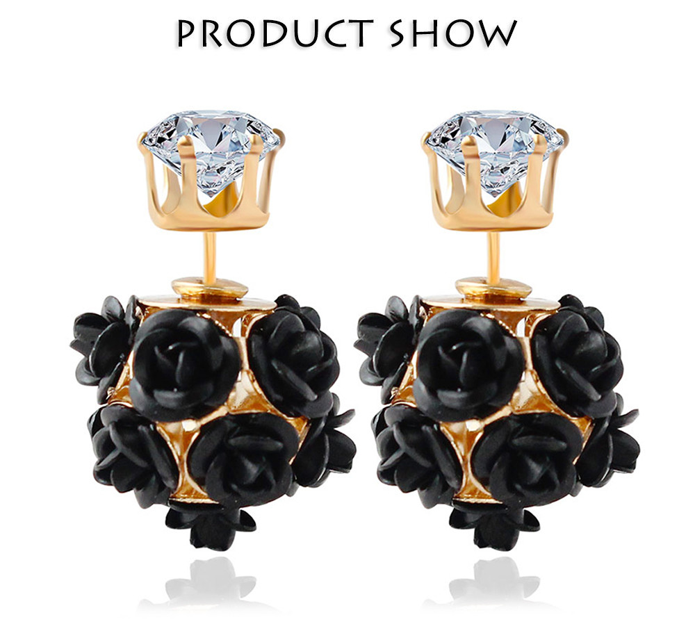 3D Rose Rhinestone Embellishment Hollow Stud Earrings for Lady