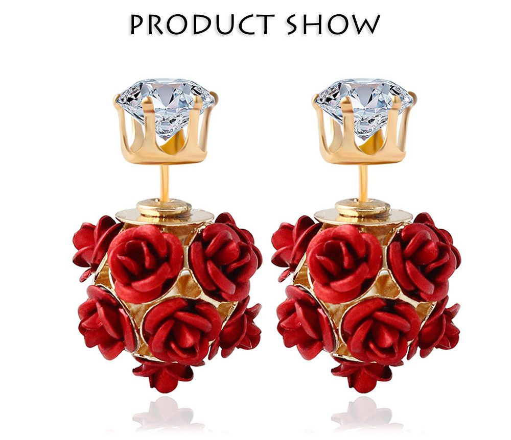 3D Rose Rhinestone Embellishment Hollow Stud Earrings for Lady