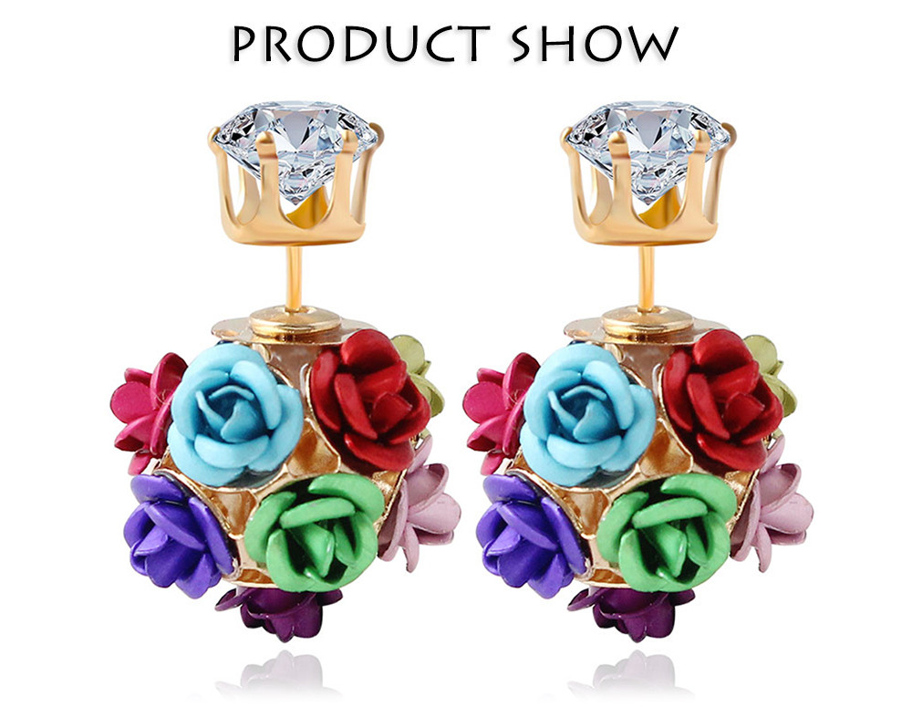 3D Rose Rhinestone Embellishment Hollow Stud Earrings for Lady