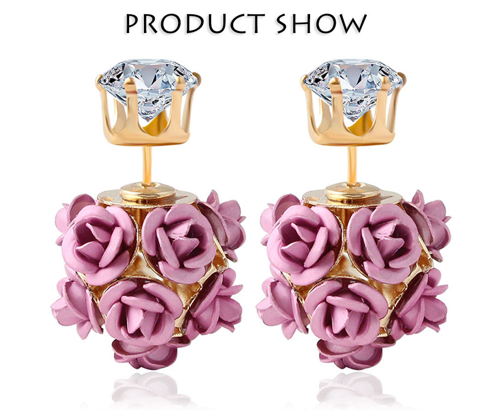 3D Rose Rhinestone Embellishment Hollow Stud Earrings for Lady