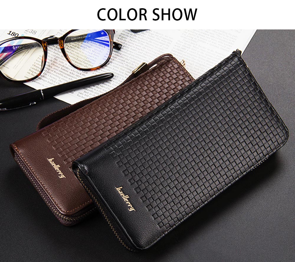 Baellerry Men Weave Plaid Letter Zipper Clutch Portable Wallet