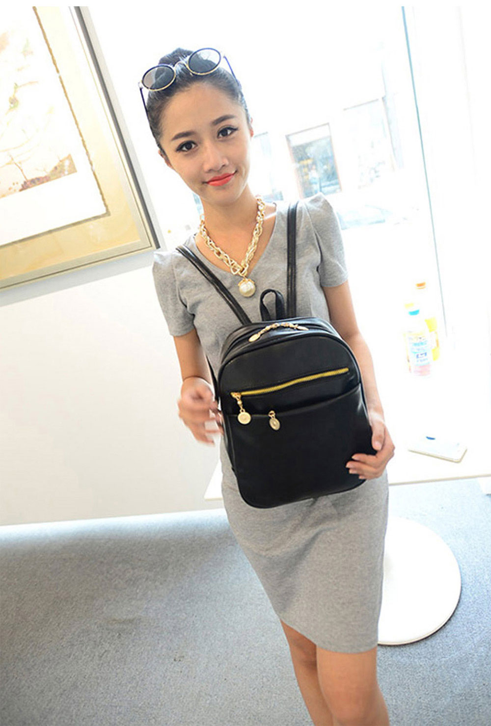 Guapabien Ladder Lock Button Shape Zipper Head Solid Color Portable Bag Backpack for Lady