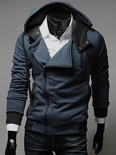Street Style Side Zipper Studs Long Sleeves Men's Polyester Hoodies