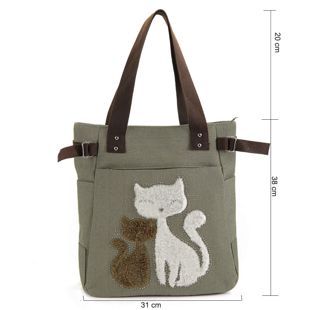 Cute Cat Print Beaded Zippered Women Canvas Handbag