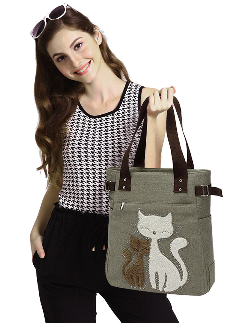 Cute Cat Print Beaded Zippered Women Canvas Handbag