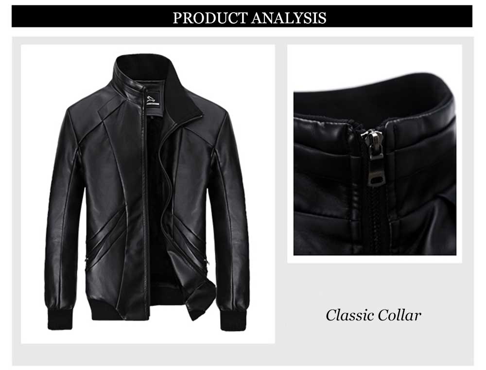 Fashionable Stand Collar Zipper Design Warm Slim Fit Leather Coat for Men