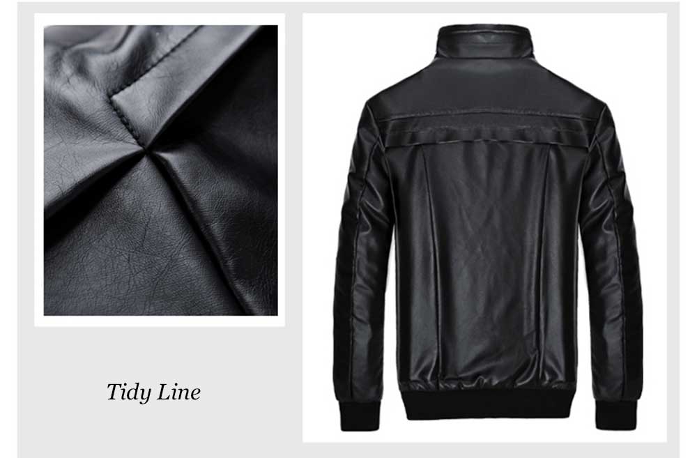 Fashionable Stand Collar Zipper Design Warm Slim Fit Leather Coat for Men