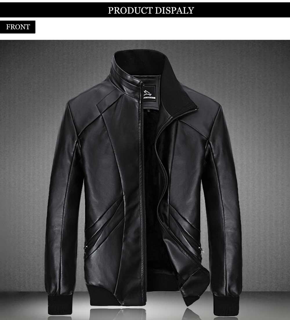 Fashionable Stand Collar Zipper Design Warm Slim Fit Leather Coat for Men