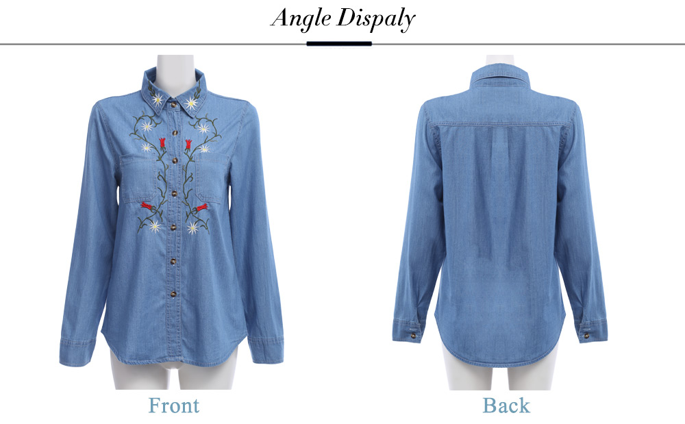 Long Sleeve Single Breasted Floral Embroidered Women Denim Shirt