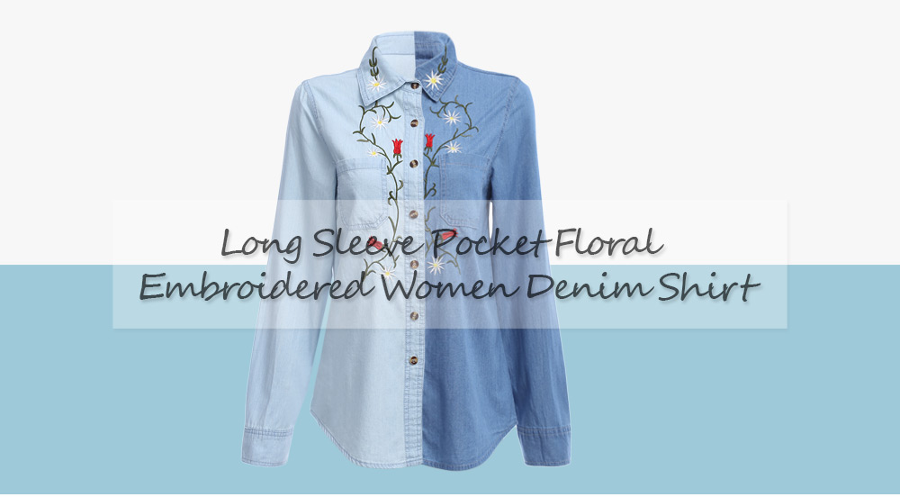 Long Sleeve Single Breasted Floral Embroidered Women Denim Shirt