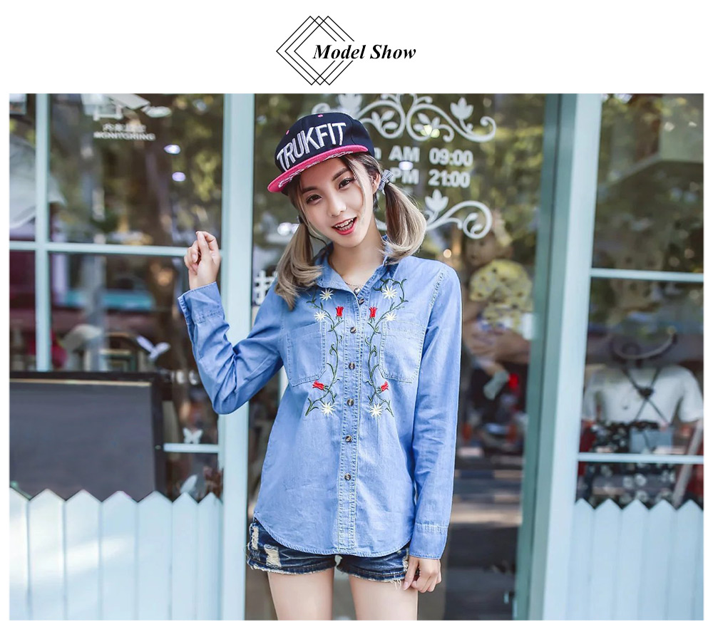 Long Sleeve Single Breasted Floral Embroidered Women Denim Shirt