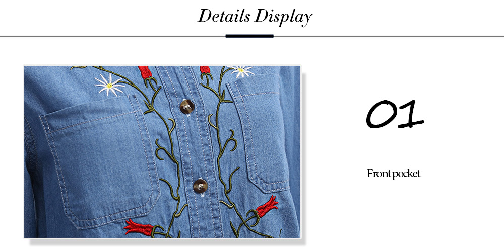 Long Sleeve Pocket Floral Embroidered Women Denim Shirt - Light Blue ...