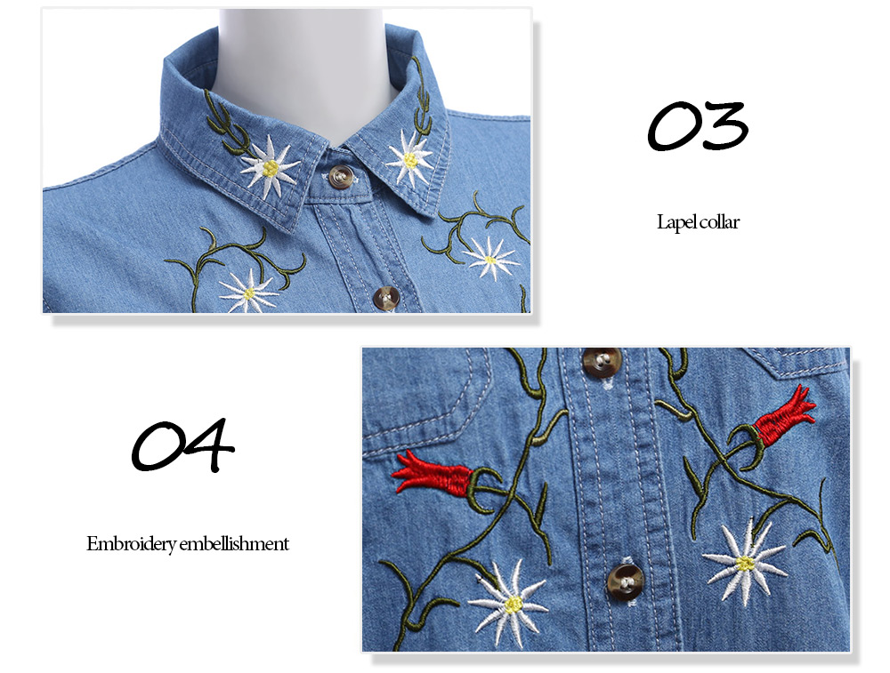 Long Sleeve Single Breasted Floral Embroidered Women Denim Shirt