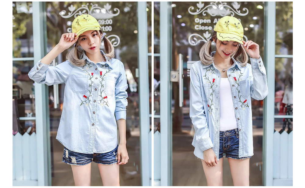 Long Sleeve Single Breasted Floral Embroidered Women Denim Shirt