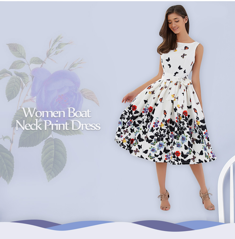 Trendy Boat Neck Sleeveless Butterfly Print Tie A-line Dress for Women