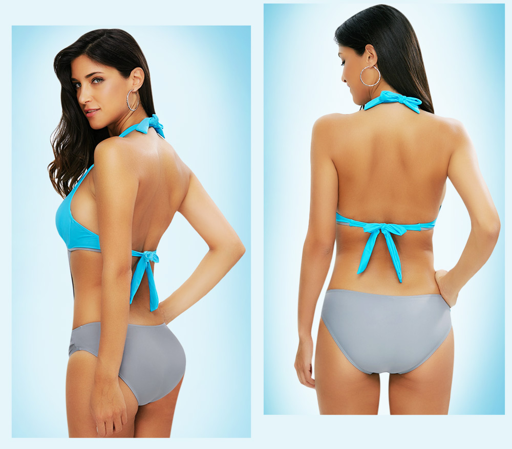 Sexy Halter Tie Backless Color Blocking Swimsuit for Women