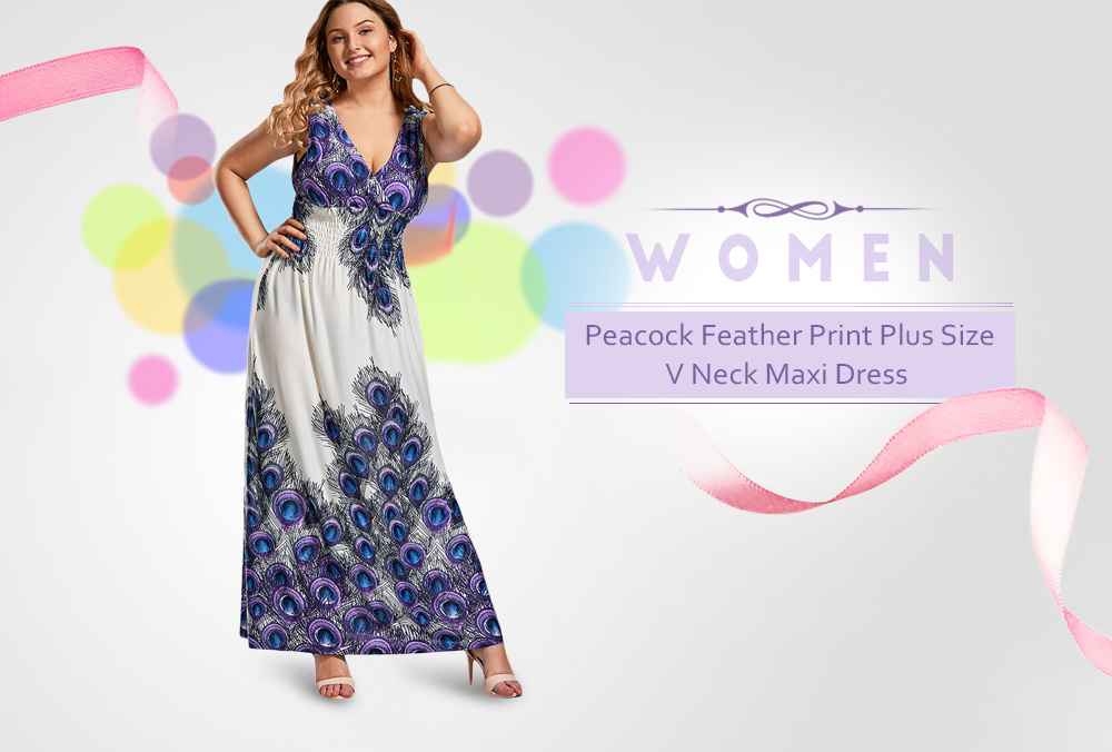 V Neck Printed Plus Size Maxi Prom Dress