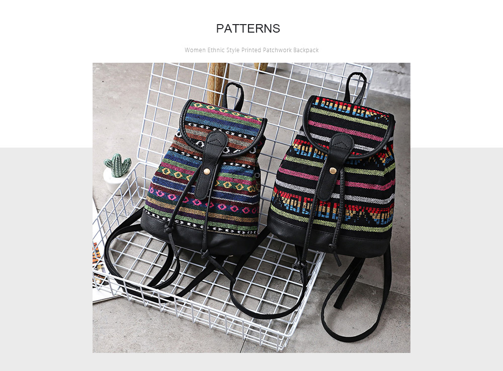 Guapabien Women Drawstring Hasp Ethnic Style Canvas PU Leather Patchwork Backpack