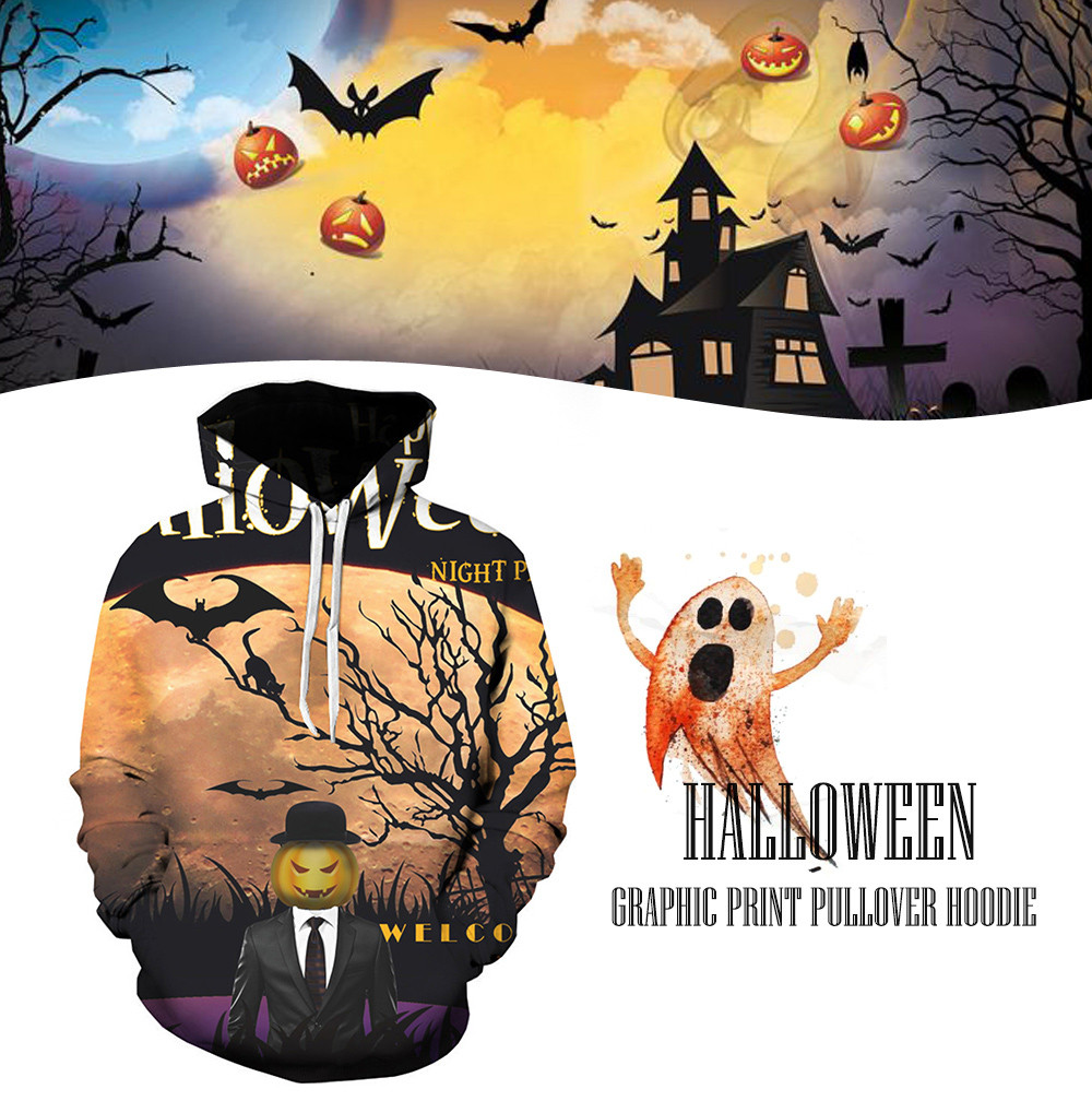 Hooded 3D Halloween Graphic Print Pullover Hoodie