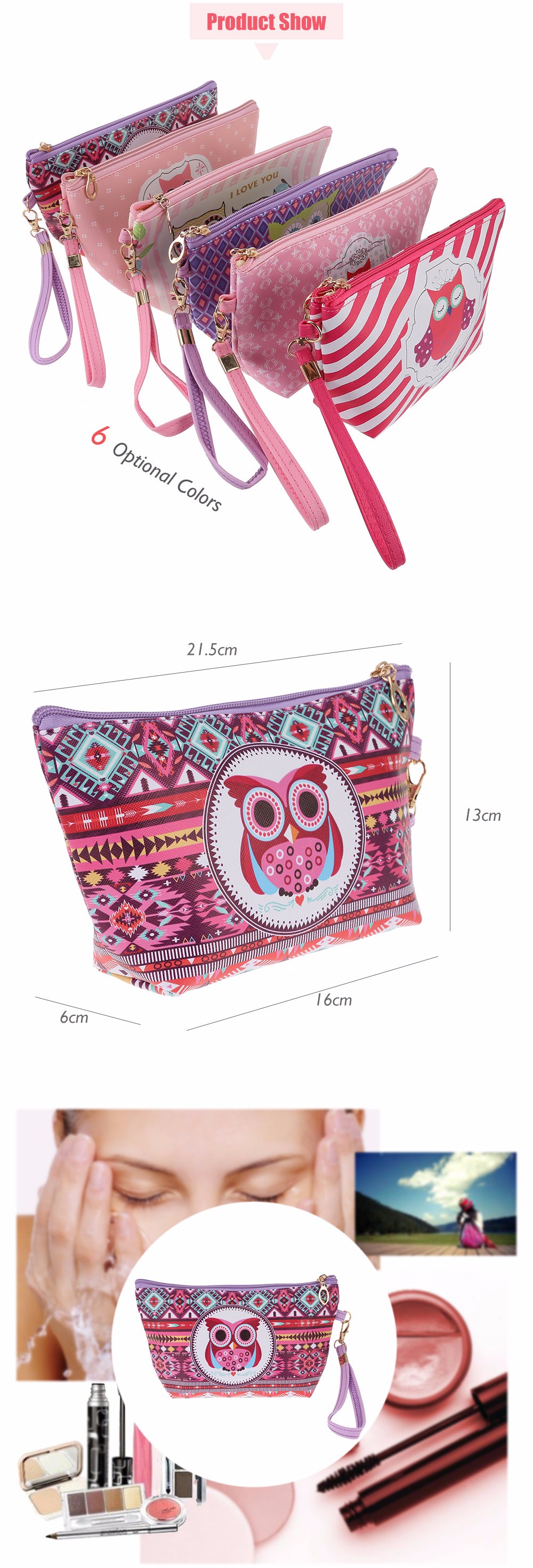 Waterproof Zipper Cartoon Owl Cosmetic Bag Makeup Pouch