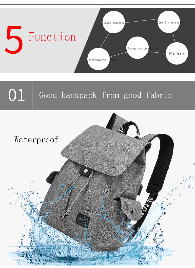 AUGUR Brand Backpack Multifunction USB Charging Men Women Casual Travel Teenager Student School Bag