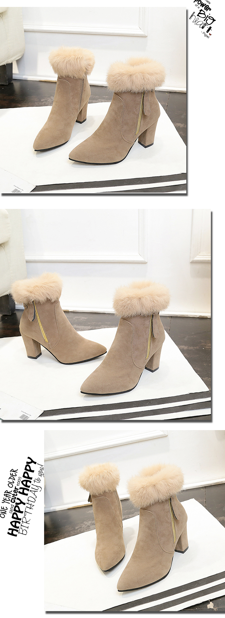 QZJR-009Short Boots Fashion Warm Fluffy Pointed Coarse High Heeled Women'S Shoes