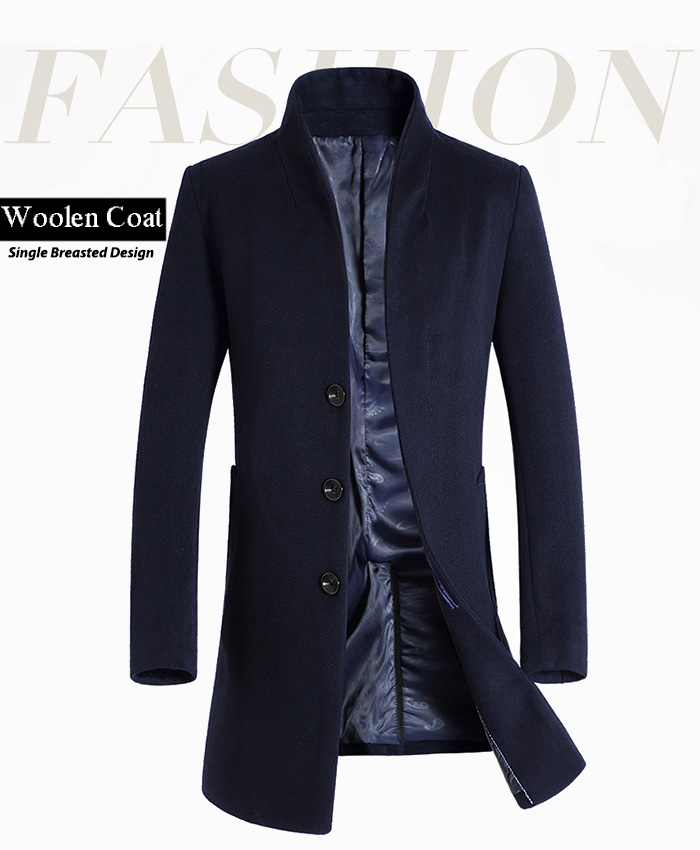 Stand Collar Single Breasted Back Slit Woolen Coat