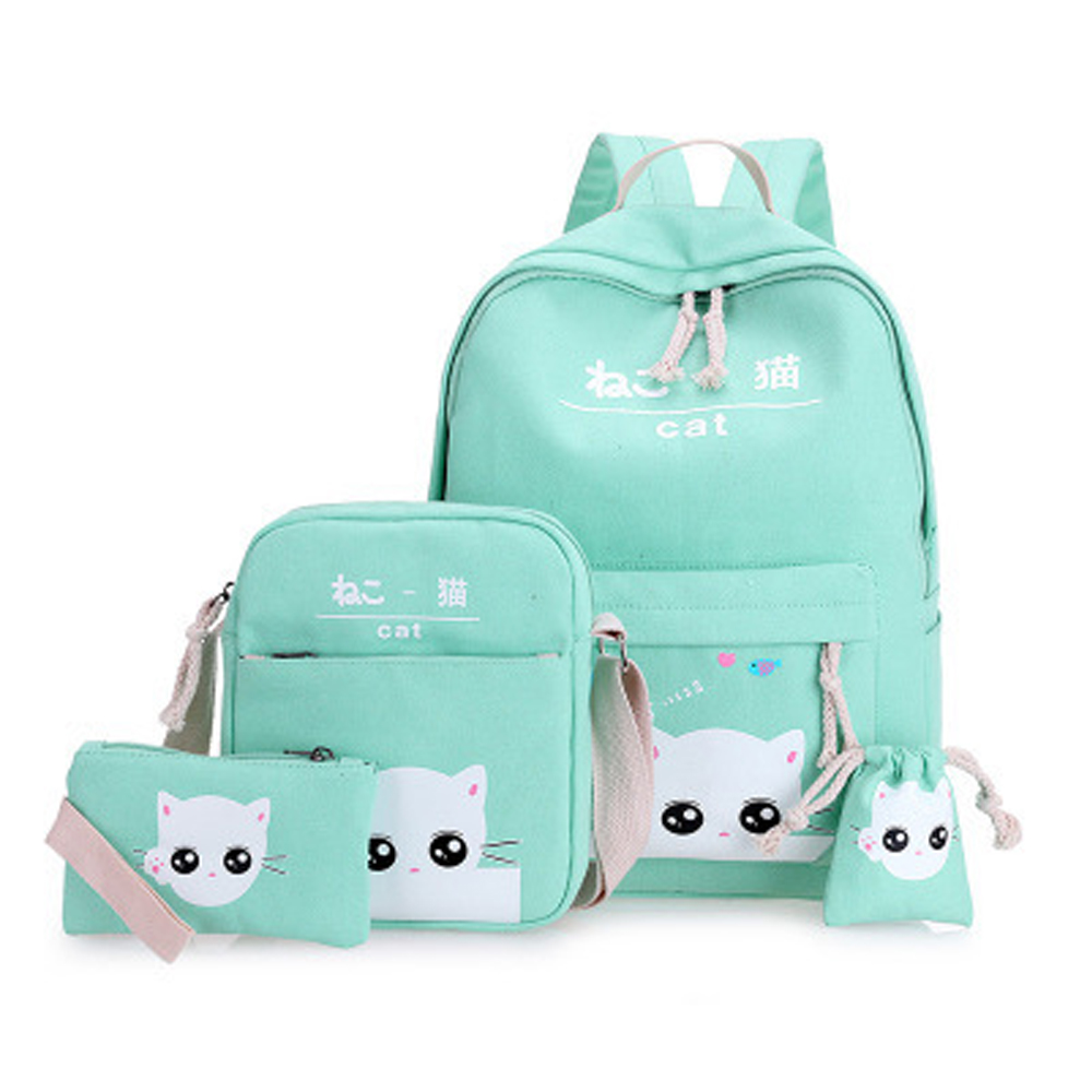 4 Pcs Girl's Schoolbag Set Cat Pattern Backpack Shoulder Bag Set