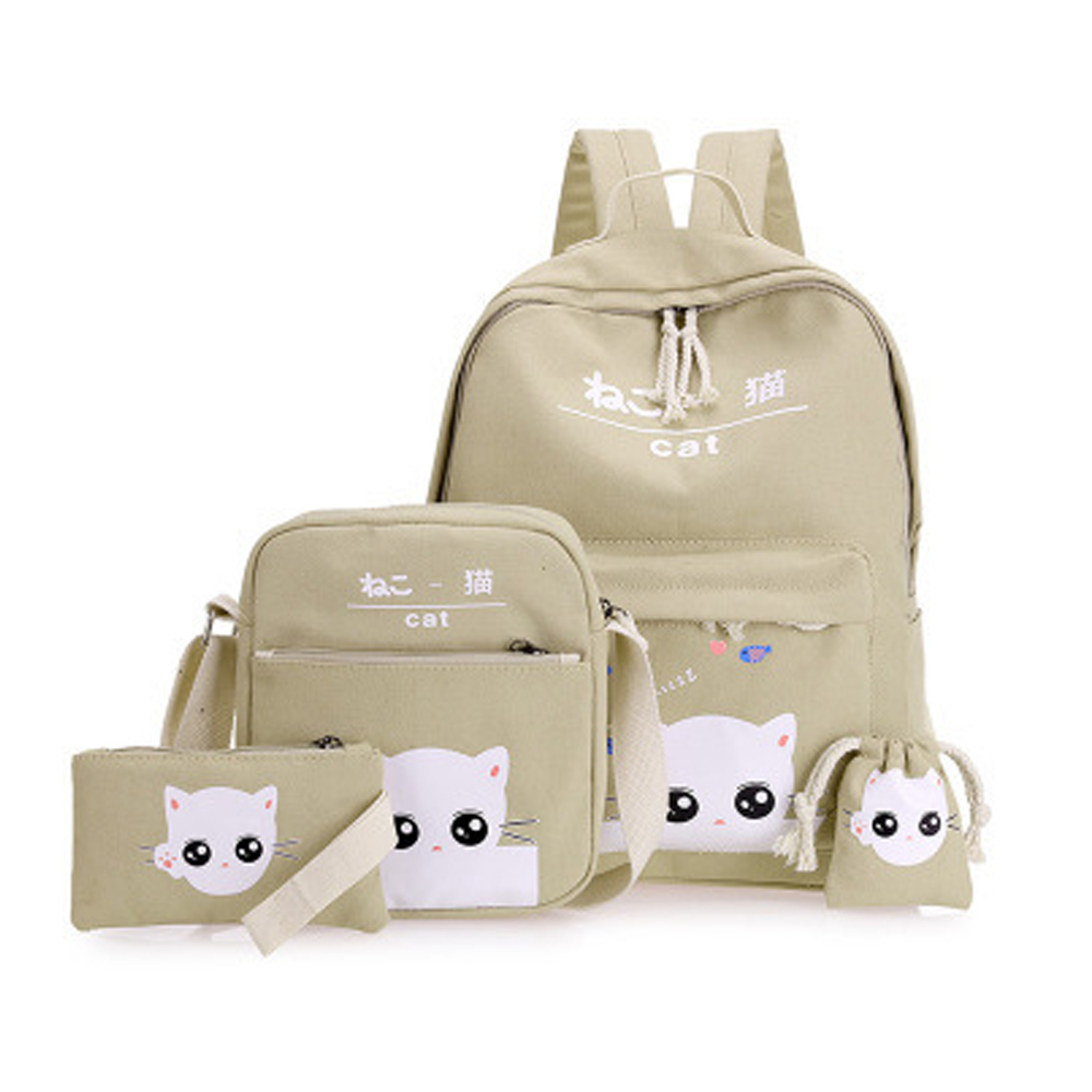 4 Pcs Girl's Schoolbag Set Cat Pattern Backpack Shoulder Bag Set