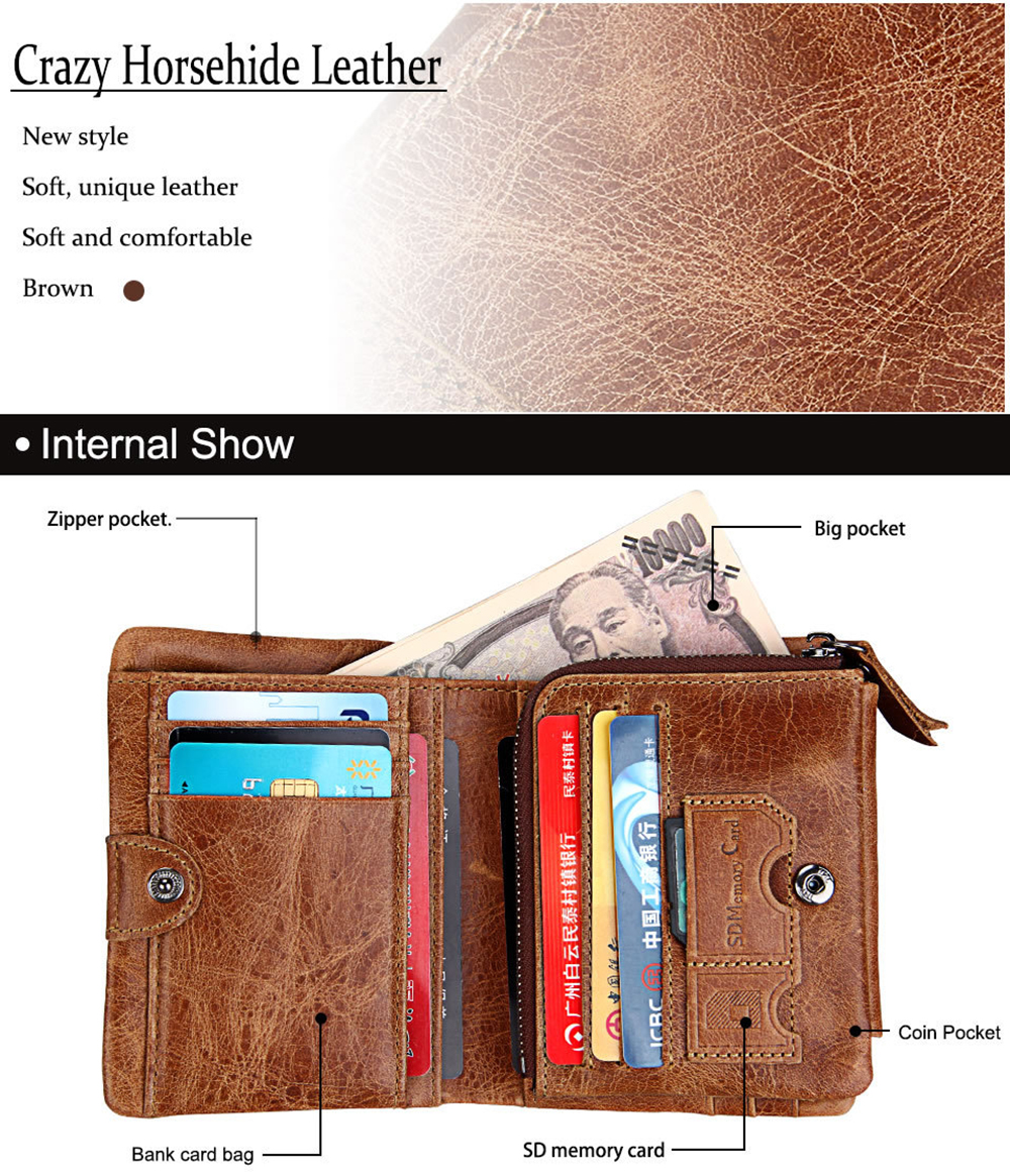 Crazy Horse Cowhide Genuine Leather Men Wallets Short Style Fashion Male Vintage Purse Clutch