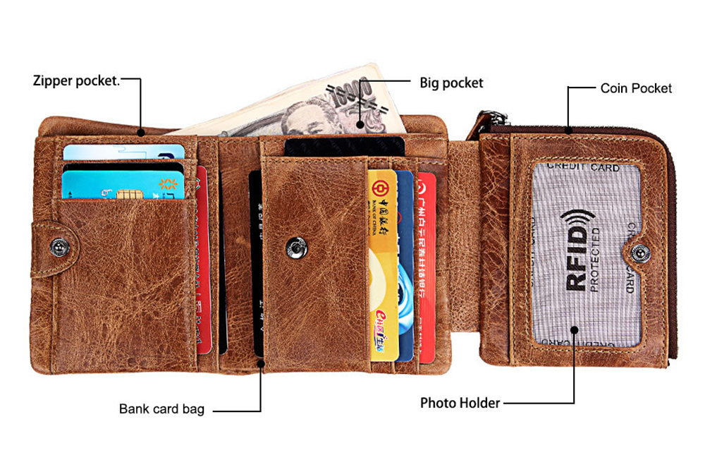 Crazy Horse Cowhide Genuine Leather Men Wallets Short Style Fashion Male Vintage Purse Clutch