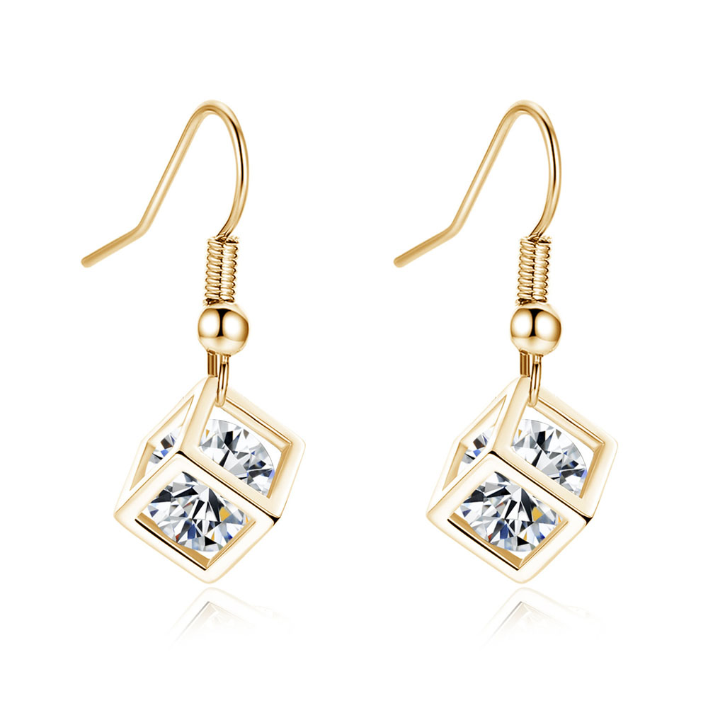 Diamond Square Cube Love Pendant Necklace Earrings 2 Pieces