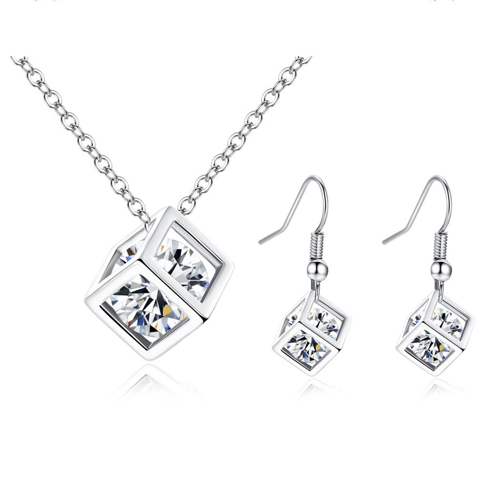 Diamond Square Cube Love Pendant Necklace Earrings 2 Pieces