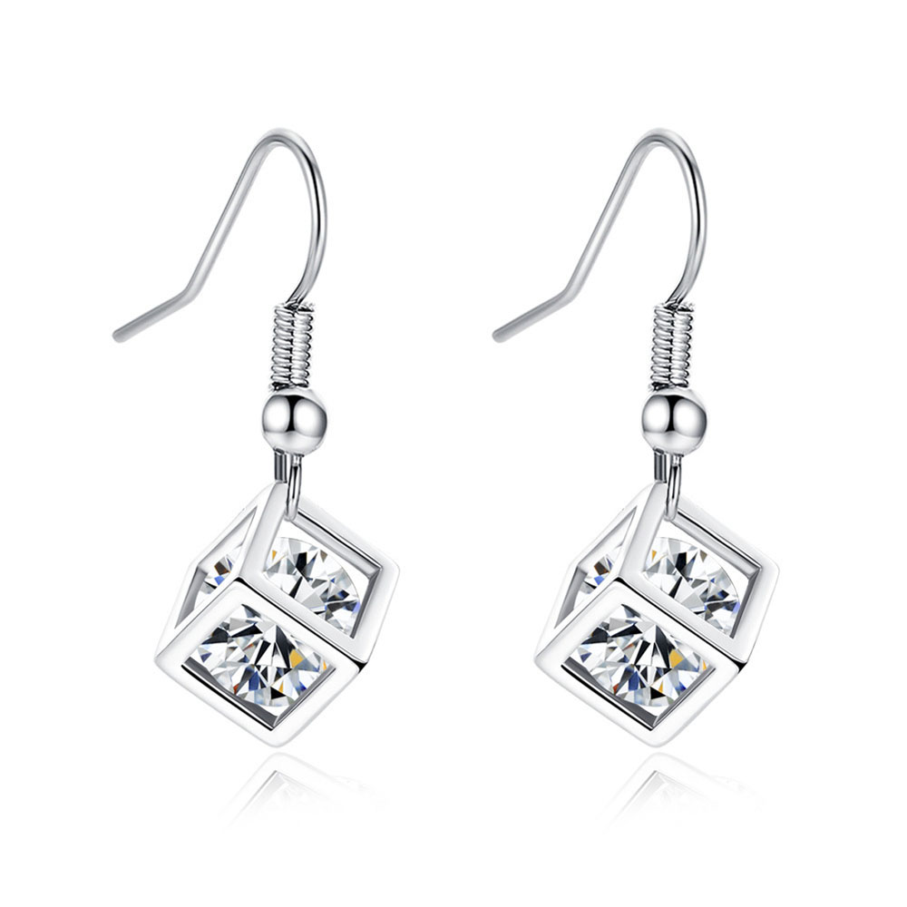 Diamond Square Cube Love Pendant Necklace Earrings 2 Pieces