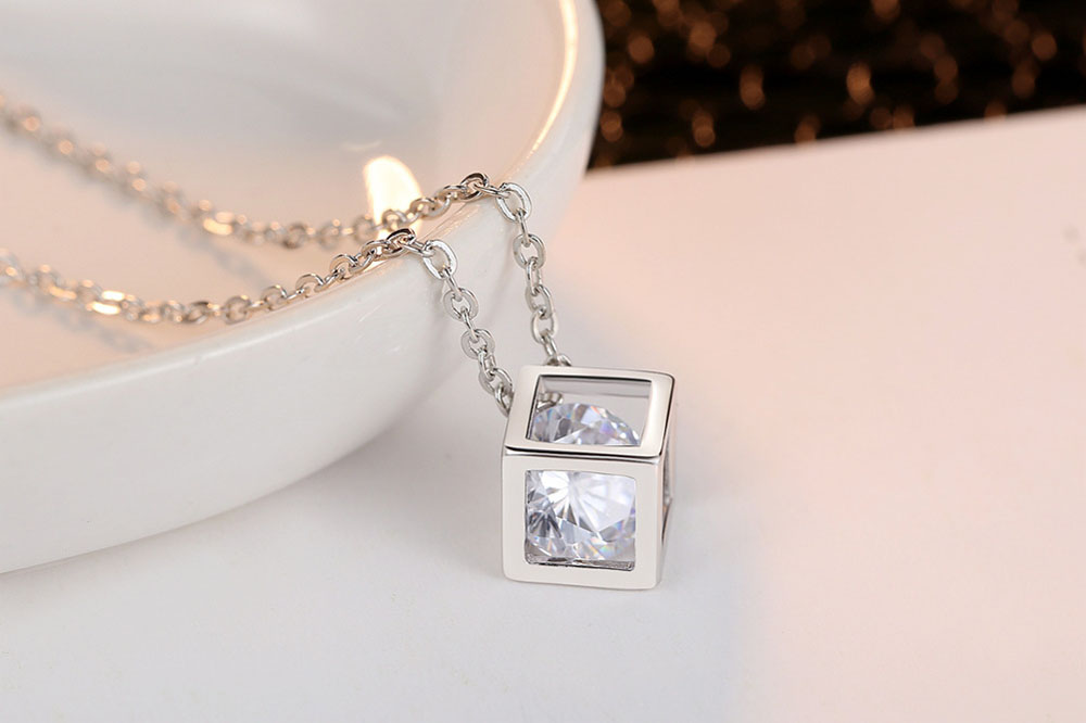 Diamond Square Cube Love Pendant Necklace Earrings 2 Pieces