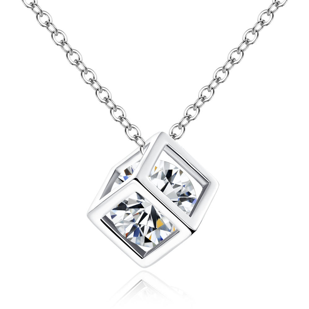 Diamond Square Cube Love Pendant Necklace Earrings 2 Pieces