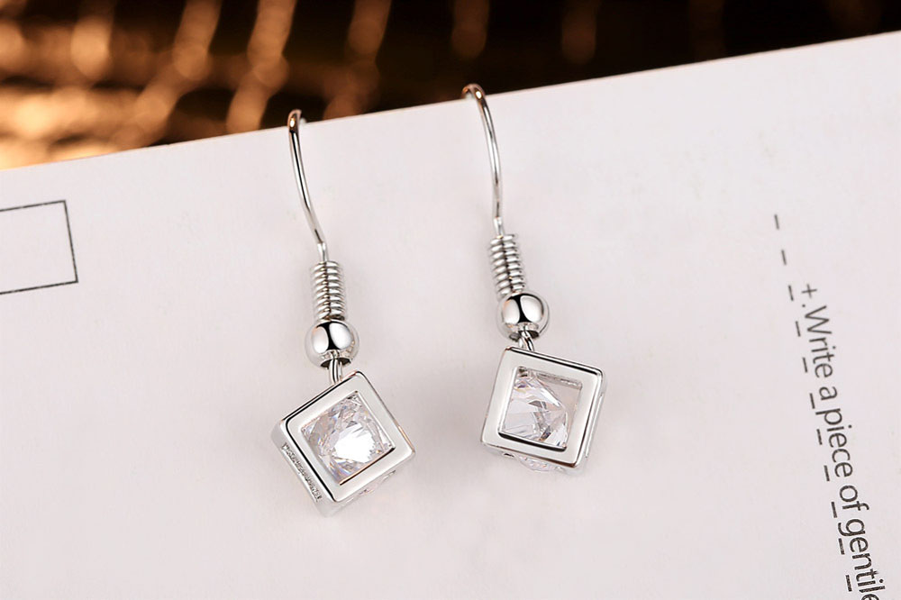 Diamond Square Cube Love Pendant Necklace Earrings 2 Pieces