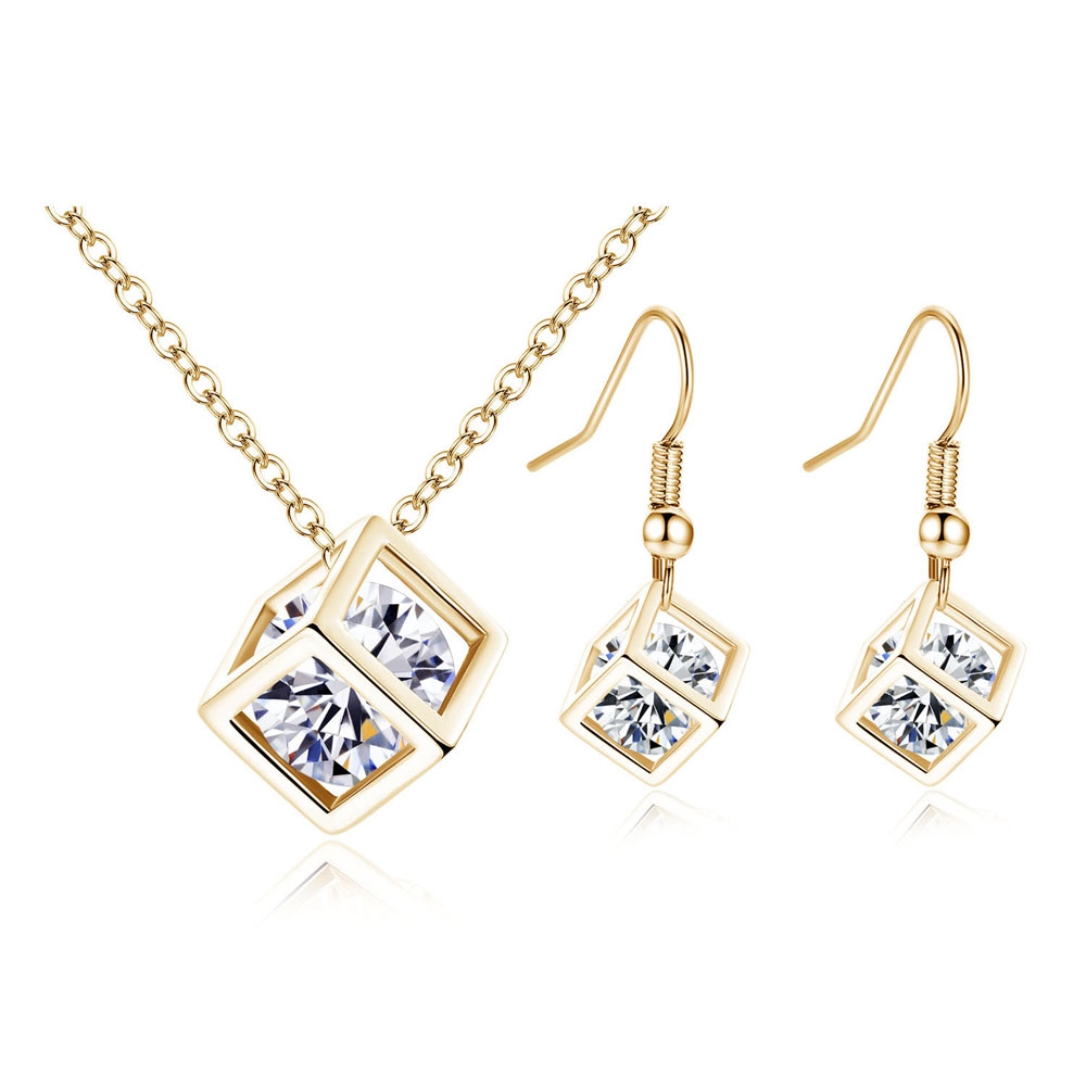 Diamond Square Cube Love Pendant Necklace Earrings 2 Pieces