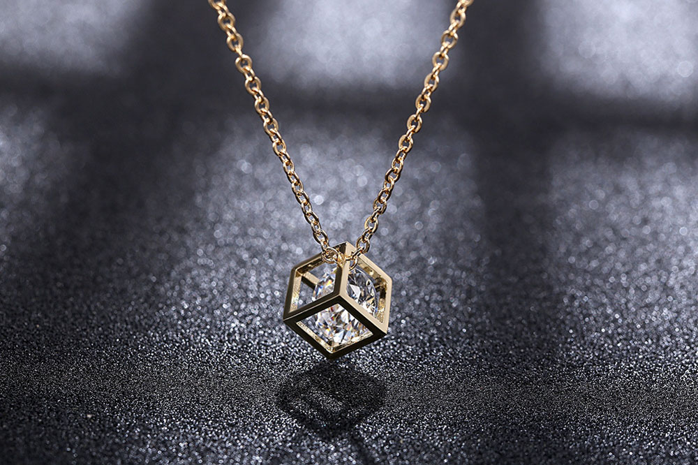 Diamond Square Cube Love Pendant Necklace Earrings 2 Pieces