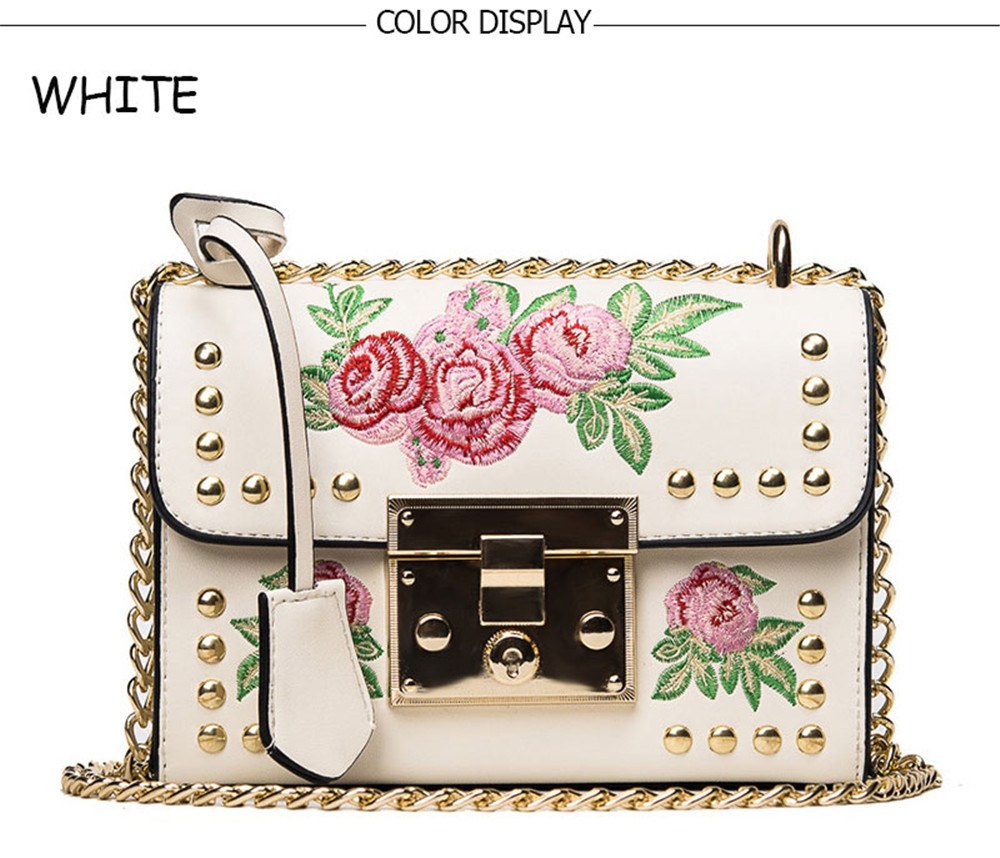 Women Embroidery Flower Shoulder Bag Designer PU Leather Fashion Ladies Rivet Messenger Bags