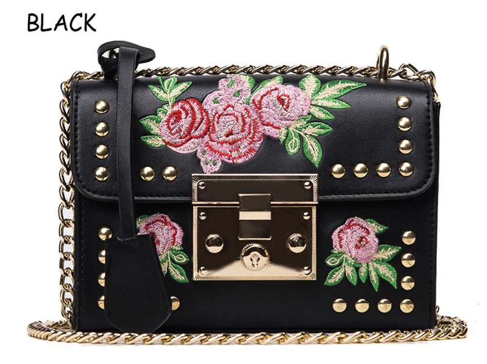 Women Embroidery Flower Shoulder Bag Designer PU Leather Fashion Ladies Rivet Messenger Bags