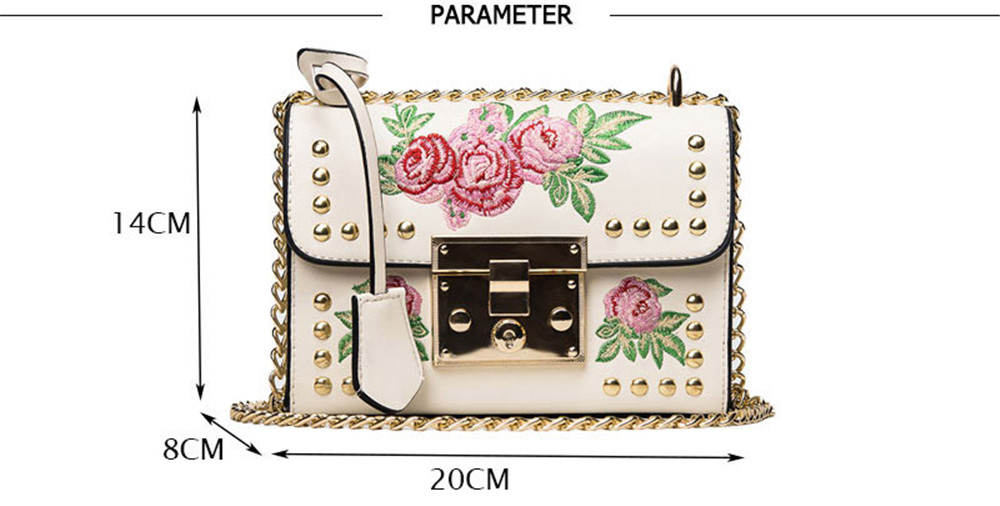 Women Embroidery Flower Shoulder Bag Designer PU Leather Fashion Ladies Rivet Messenger Bags