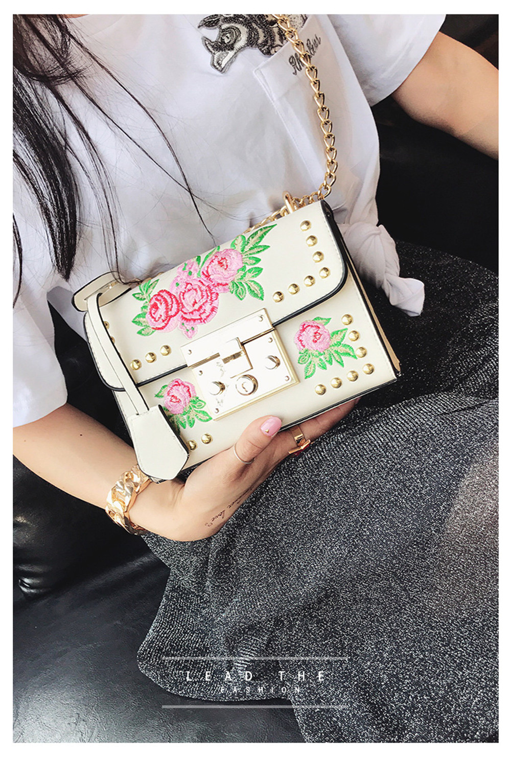 Women Embroidery Flower Shoulder Bag Designer PU Leather Fashion Ladies Rivet Messenger Bags