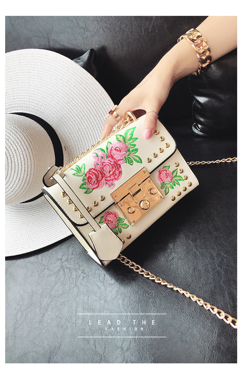 Women Embroidery Flower Shoulder Bag Designer PU Leather Fashion Ladies Rivet Messenger Bags