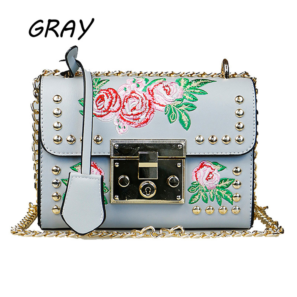 Women Embroidery Flower Shoulder Bag Designer PU Leather Fashion Ladies Rivet Messenger Bags