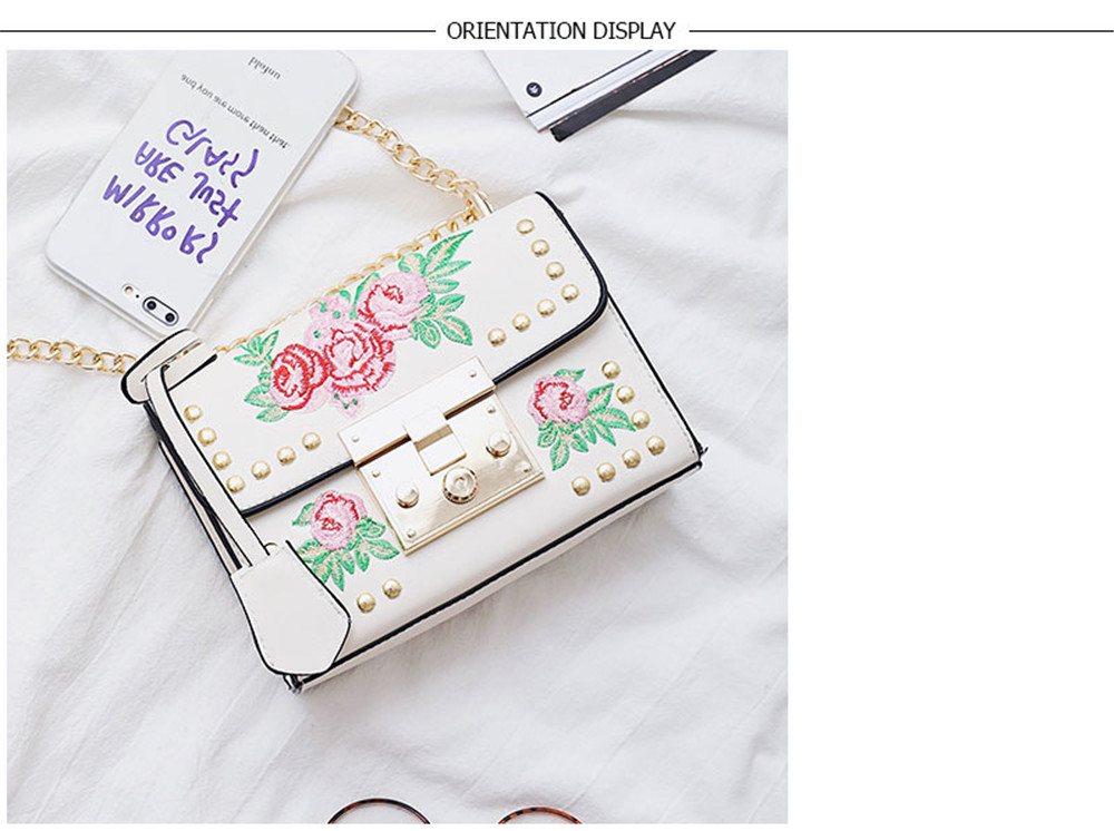 Women Embroidery Flower Shoulder Bag Designer PU Leather Fashion Ladies Rivet Messenger Bags